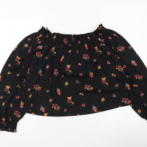 H&M Womens Black Floral Polyester Basic Blouse Size S Off the Shoulder