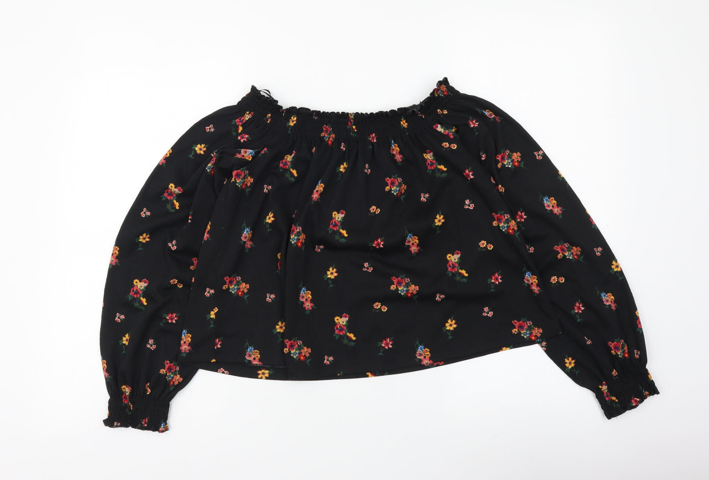 H&M Womens Black Floral Polyester Basic Blouse Size S Off the Shoulder