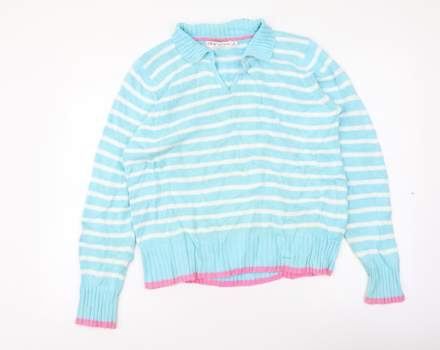 EWM Womens Blue V-Neck Striped Cotton Pullover Jumper Size M
