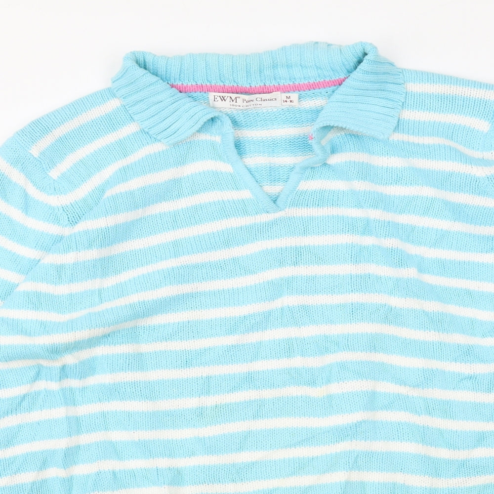 EWM Womens Blue V-Neck Striped Cotton Pullover Jumper Size M