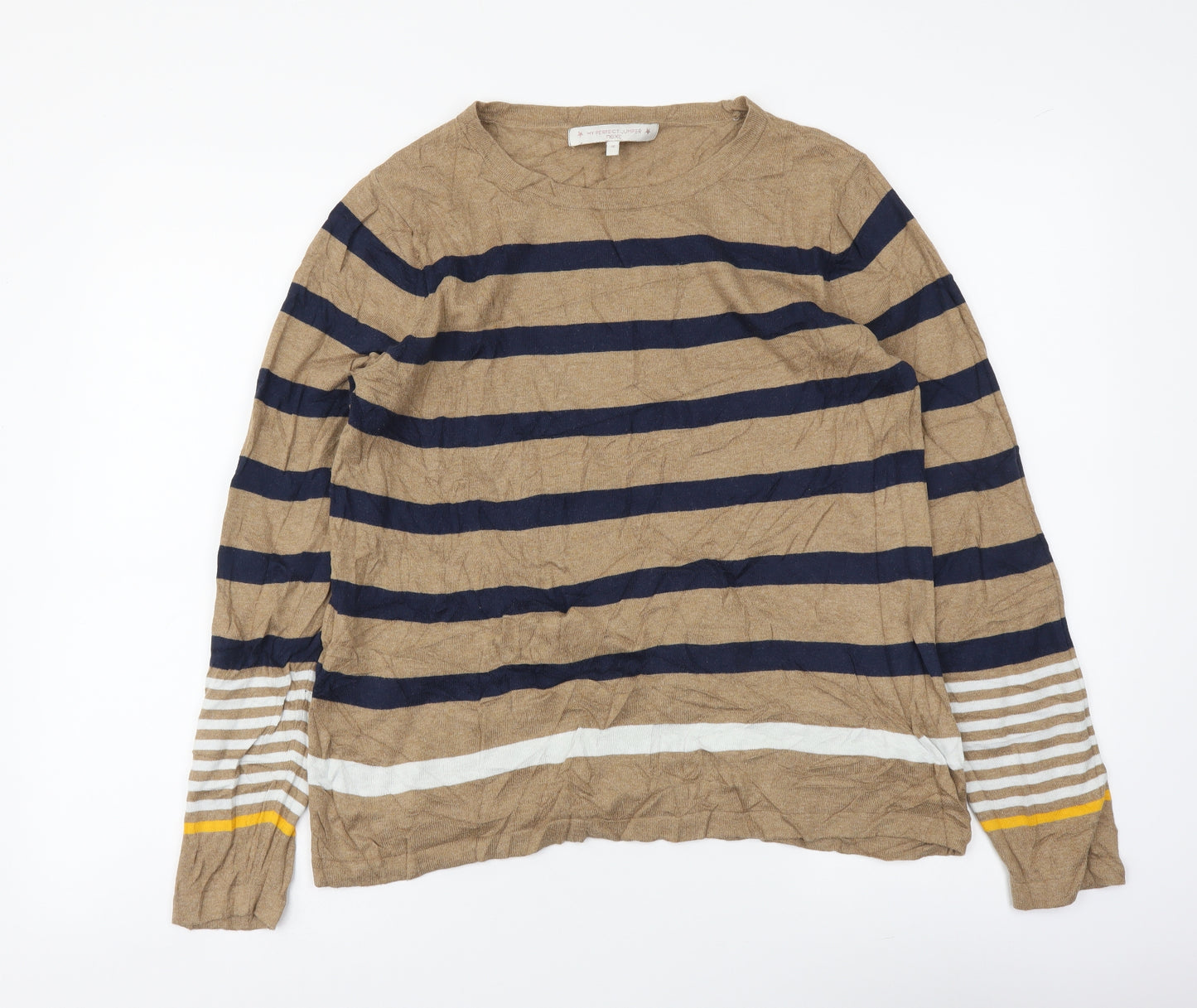 NEXT Womens Brown Round Neck Striped Cotton Pullover Jumper Size 16