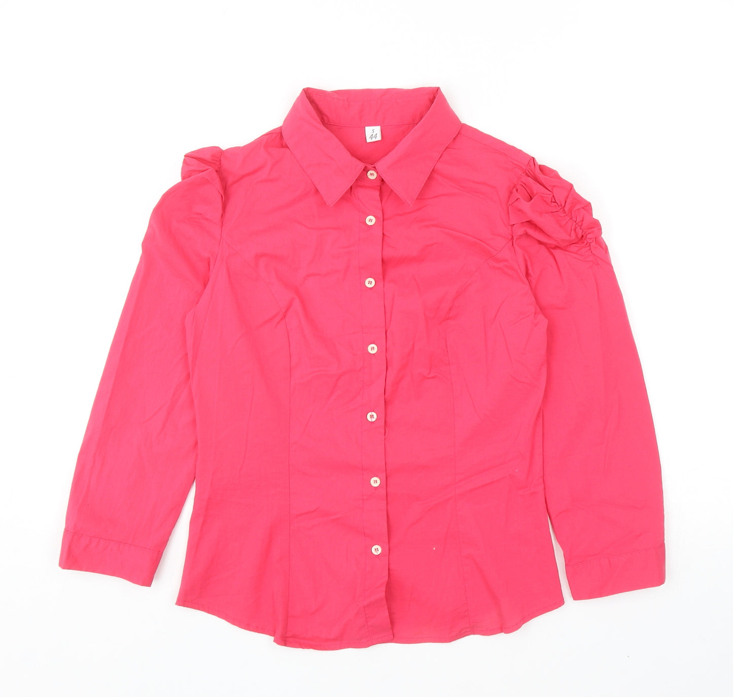 Preworn Womens Pink Polyester Basic Button-Up Size S Collared - Ruched Sleeves