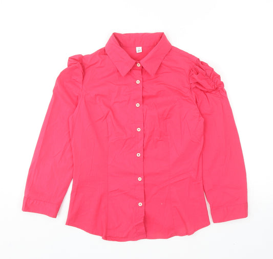 Front view of Preworn women’s pink polyester basic button-up, size S, collared - ruched sleeves