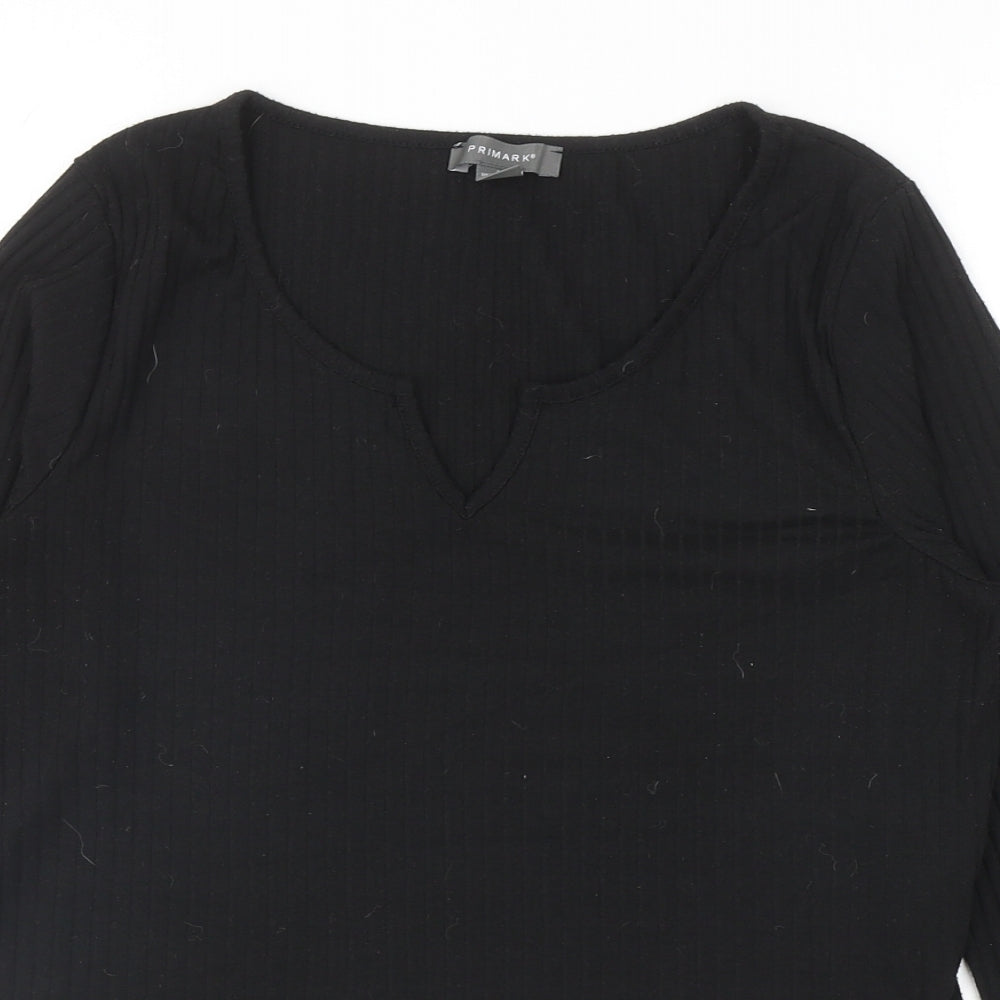 Primark Womens Black Polyester Basic T-Shirt Size L V-Neck - Ribbed