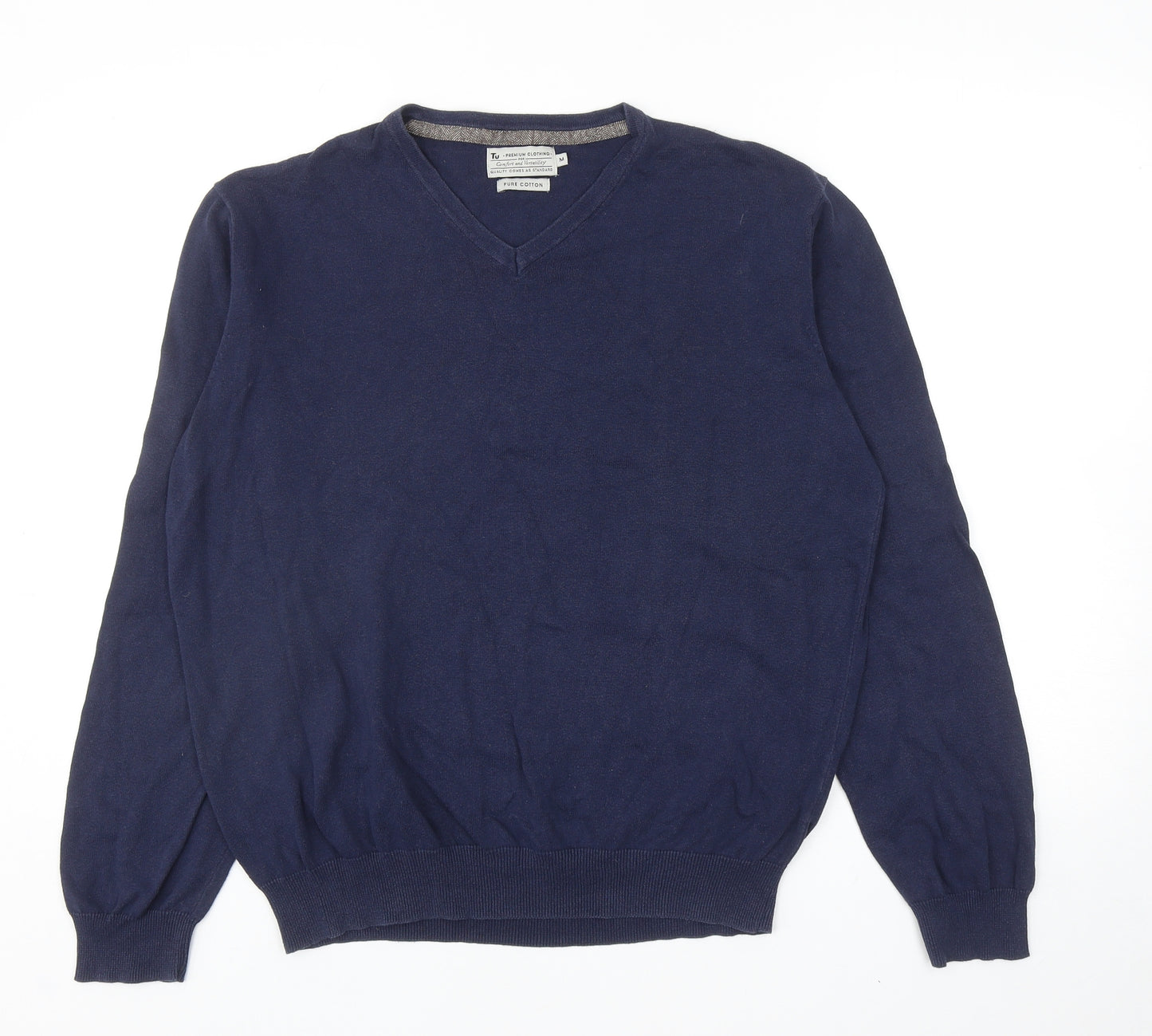 TU Mens Blue V-Neck Cotton Pullover Jumper Size M