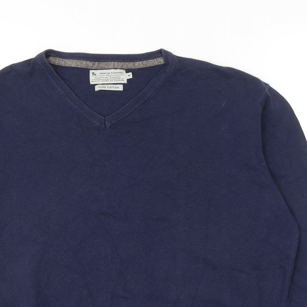 TU Mens Blue V-Neck Cotton Pullover Jumper Size M