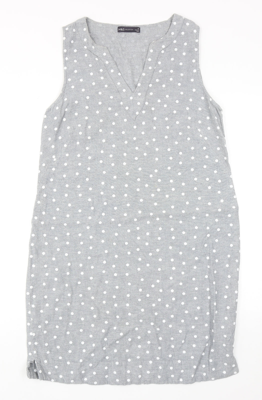 Marks and Spencer Womens Grey Plaid Linen Sheath Size 12 V-Neck Pullover