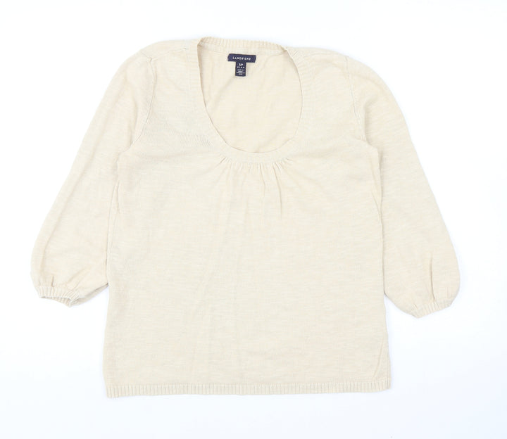 Lands End Womens Beige Scoop Neck Cotton Pullover Jumper Size S