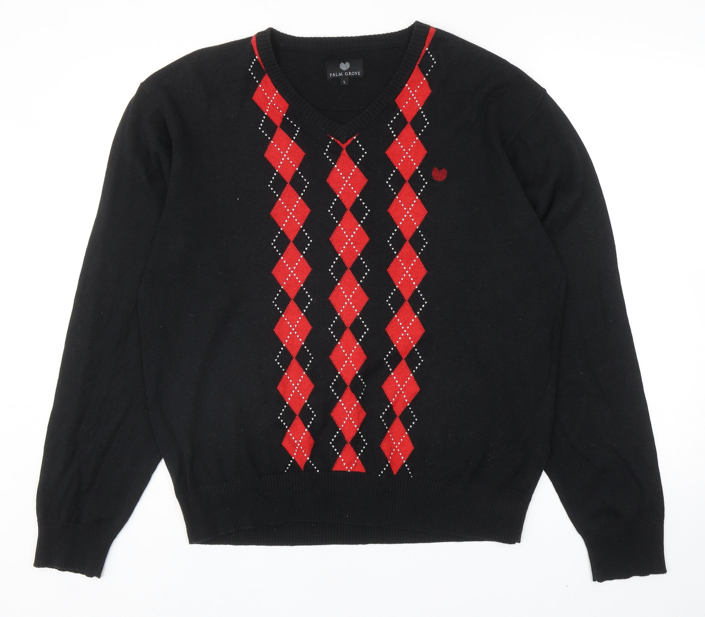 Palm Grove Mens Black V-Neck Geometric Cotton Pullover Jumper Size L