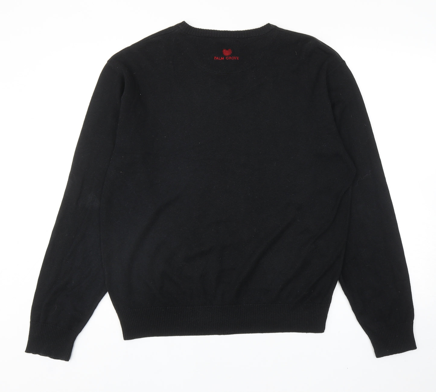 Palm Grove Mens Black V-Neck Geometric Cotton Pullover Jumper Size L