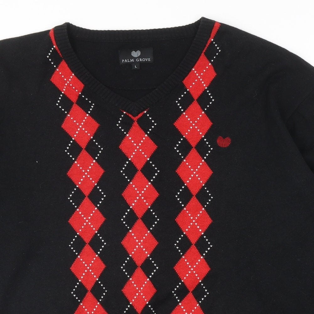 Palm Grove Mens Black V-Neck Geometric Cotton Pullover Jumper Size L
