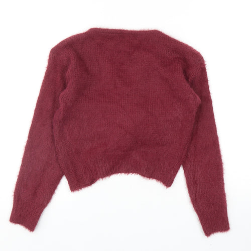 New Look Womens Purple V-Neck Acrylic Pullover Jumper Size M - Knot Detail