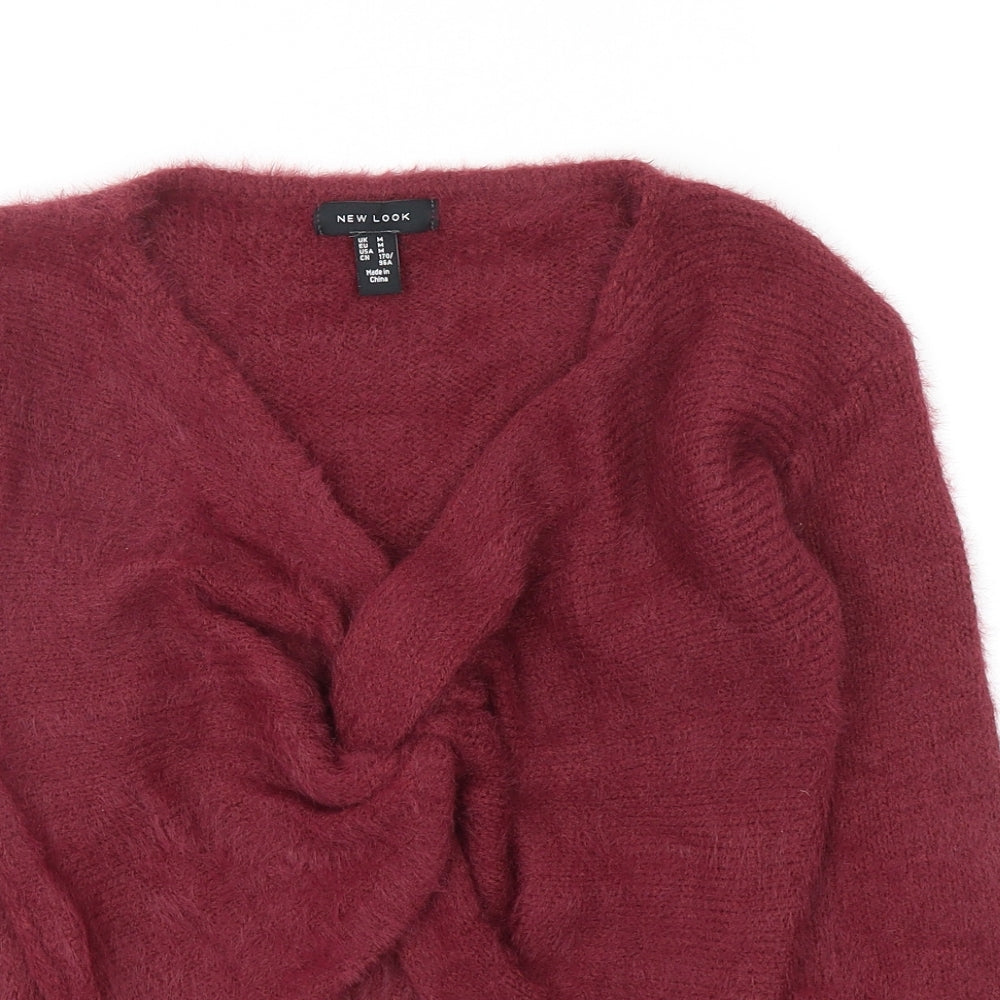 New Look Womens Purple V-Neck Acrylic Pullover Jumper Size M - Knot Detail
