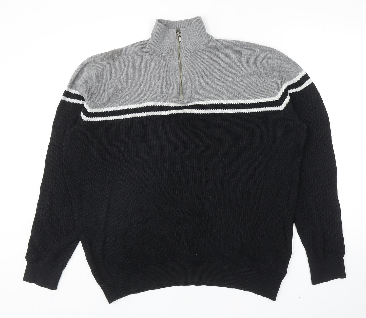 TU Mens Black High Neck Striped Cotton Pullover Jumper Size XL