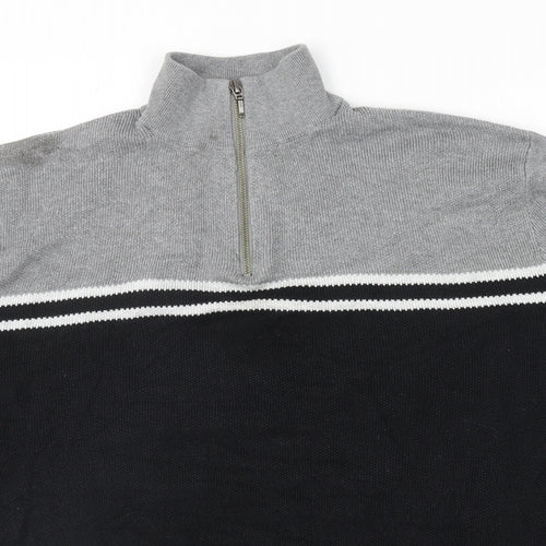 TU Mens Black High Neck Striped Cotton Pullover Jumper Size XL