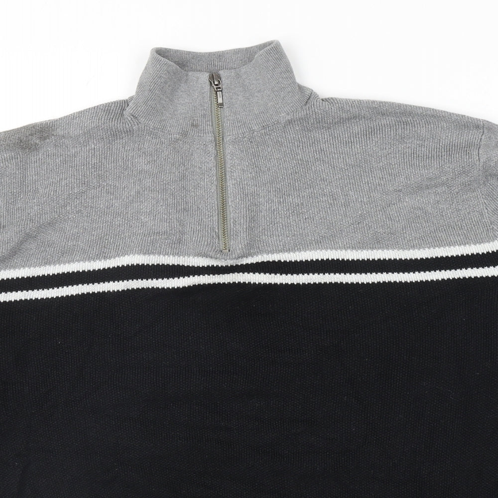 TU Mens Black High Neck Striped Cotton Pullover Jumper Size XL