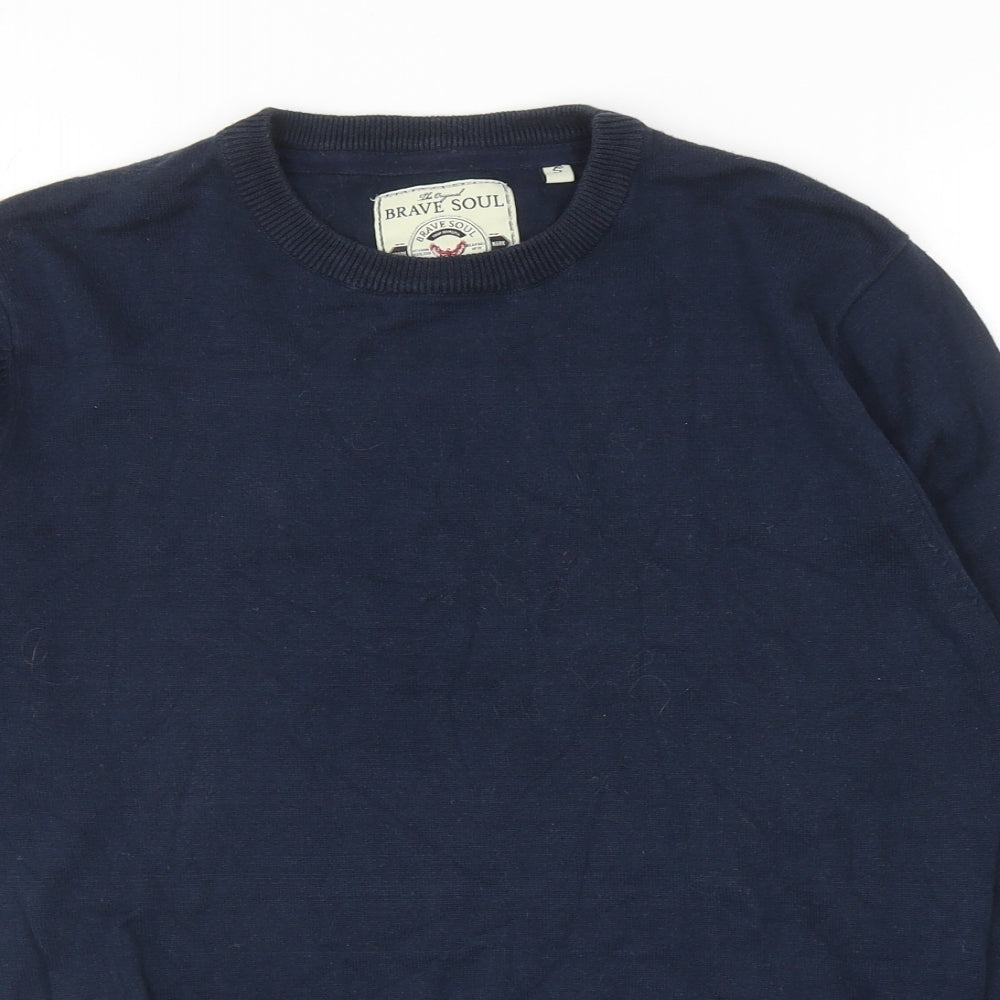 Brave Soul Mens Blue Round Neck Cotton Pullover Jumper Size S