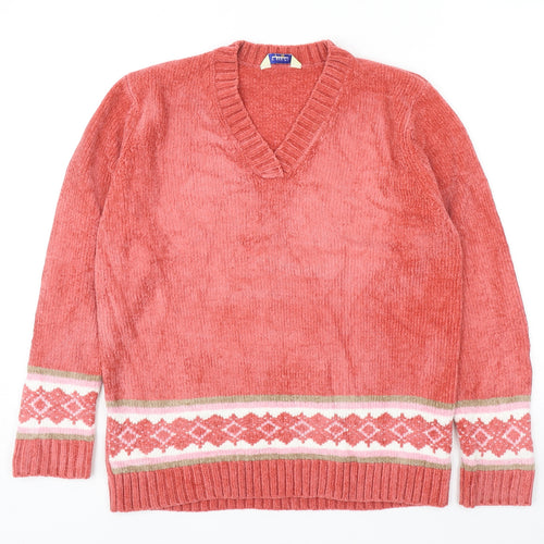 Classics Womens Pink V-Neck Fair Isle Acrylic Pullover Jumper Size 12