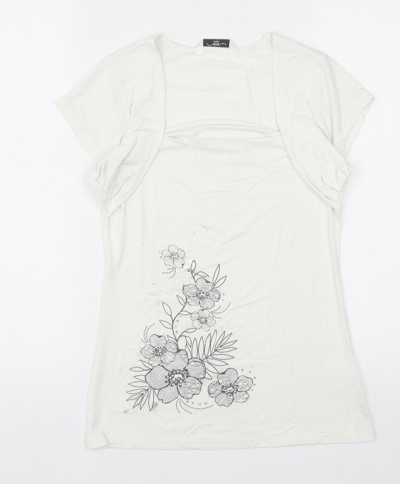 New Look Womens White Viscose Basic T-Shirt Size 8 Square Neck - Floral Detail