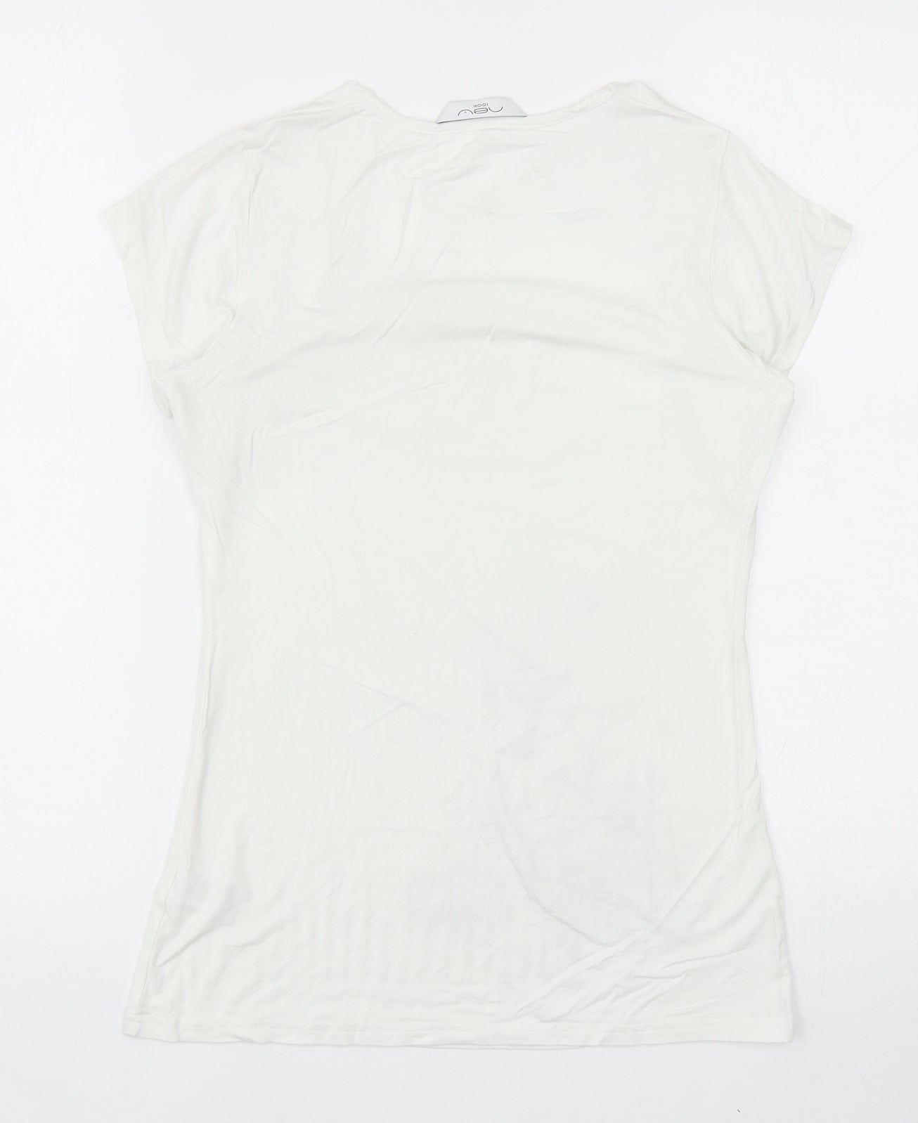 New Look Womens White Viscose Basic T-Shirt Size 8 Square Neck - Floral Detail