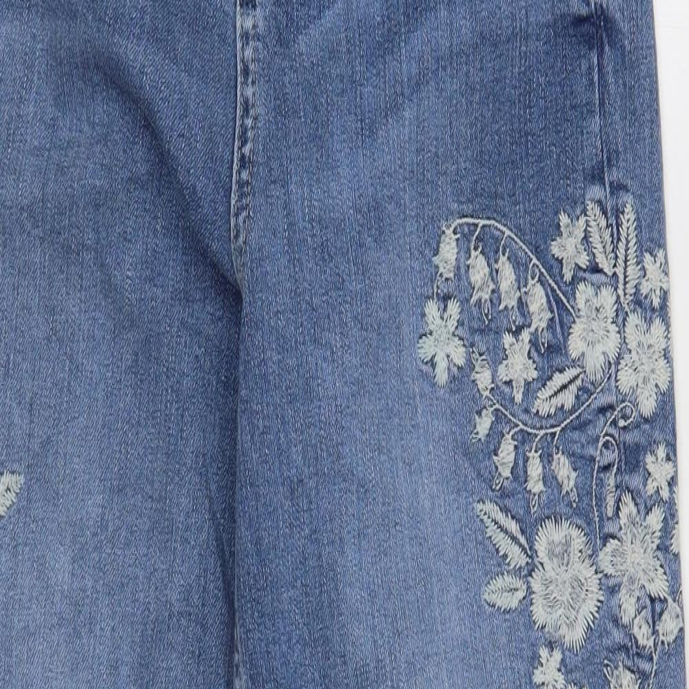 Marks and Spencer Womens Blue Floral Cotton Straight Jeans Size 8 Regular Button