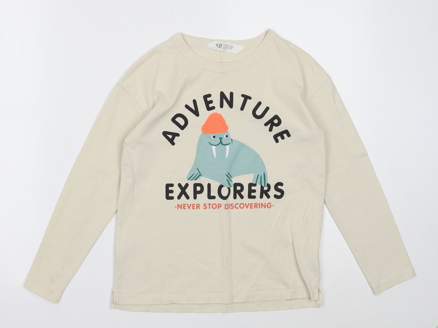 H&M Boys Ivory Cotton Basic T-Shirt Size 8 Years Round Neck Pullover - Adventure Explorers
