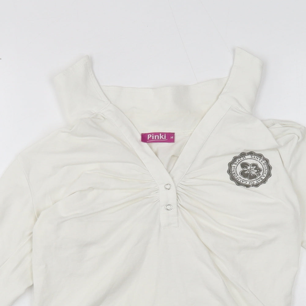 Pinki Womens White Cotton Basic T-Shirt Size M V-Neck