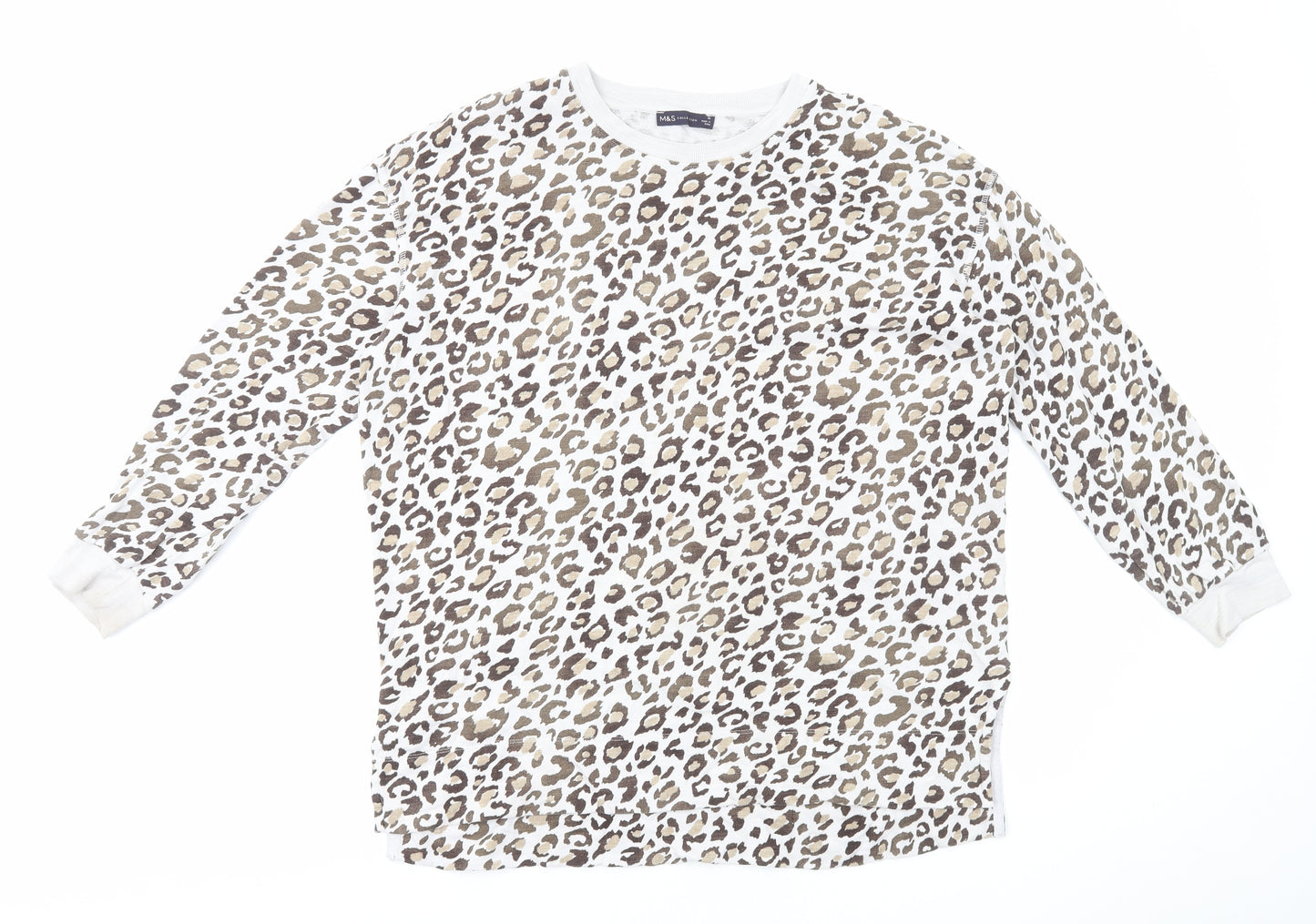 Marks and Spencer Womens Brown Animal Print Cotton Basic T-Shirt Size 16 Round Neck - Leopard Print