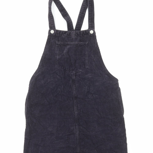 Topshop Womens Black Cotton Pinafore/Dungaree Dress Size 6 Square Neck Button