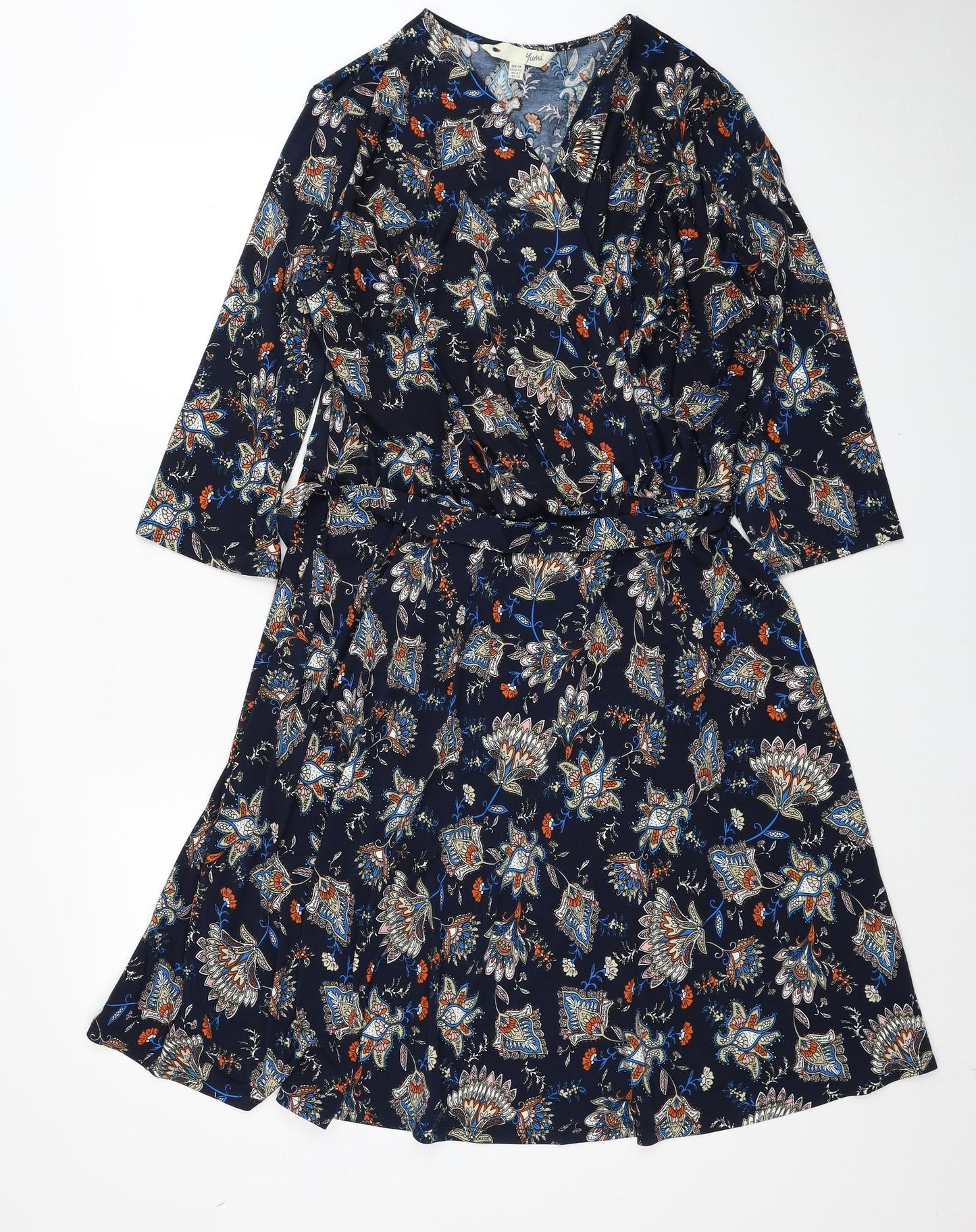 Yumi Womens Blue Paisley Polyester A-Line Size 18 V-Neck Pullover