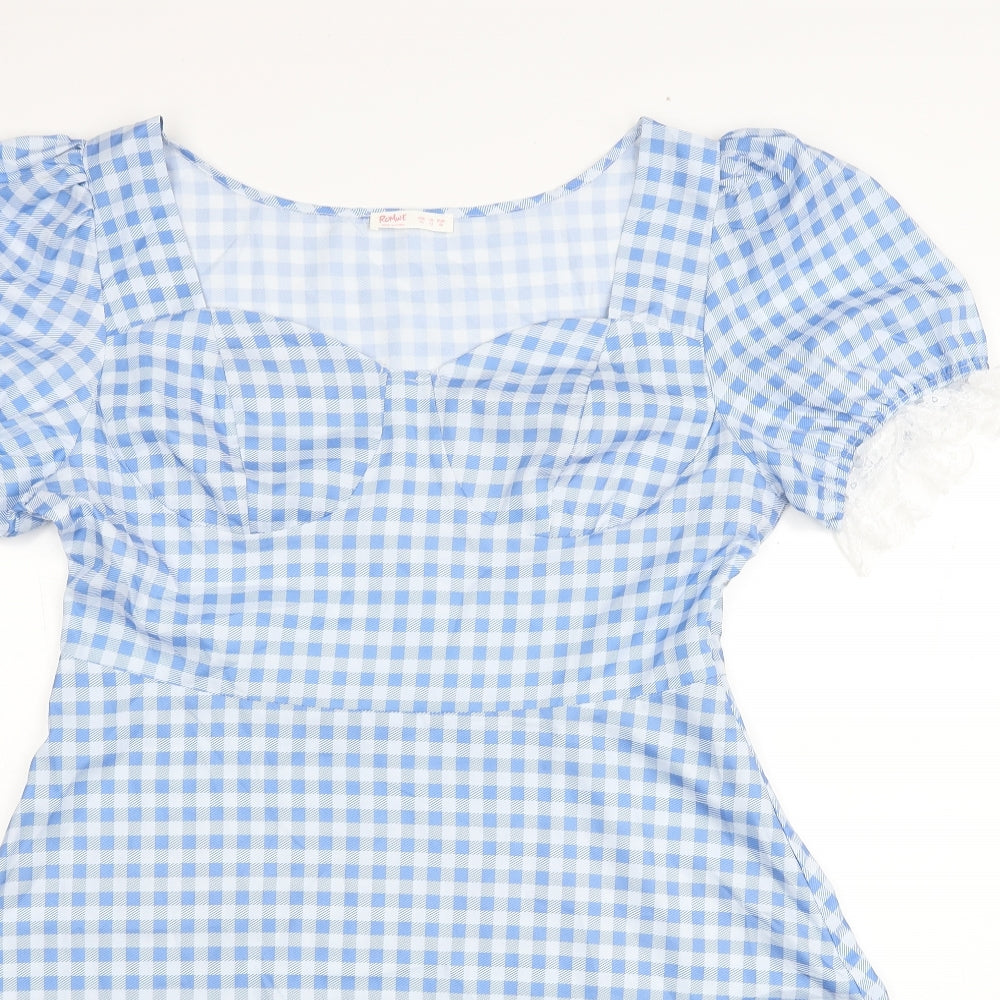 ROMWE Womens Blue Check Polyester Skater Dress Size XL Sweetheart Pullover