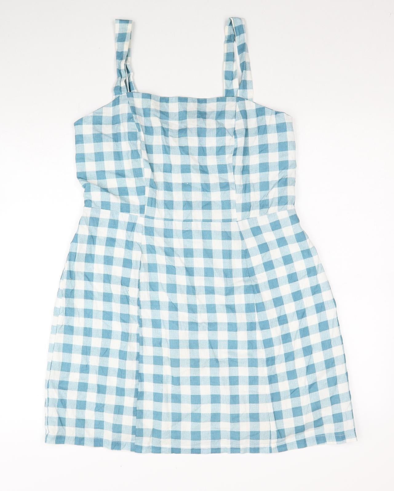 Primark Womens Blue Check Cotton Tank Dress Size 14 Square Neck Zip