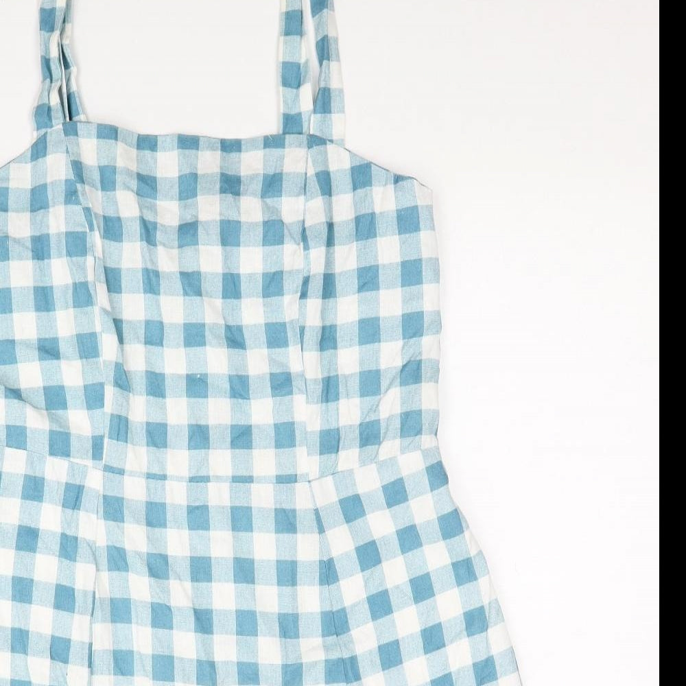 Primark Womens Blue Check Cotton Tank Dress Size 14 Square Neck Zip