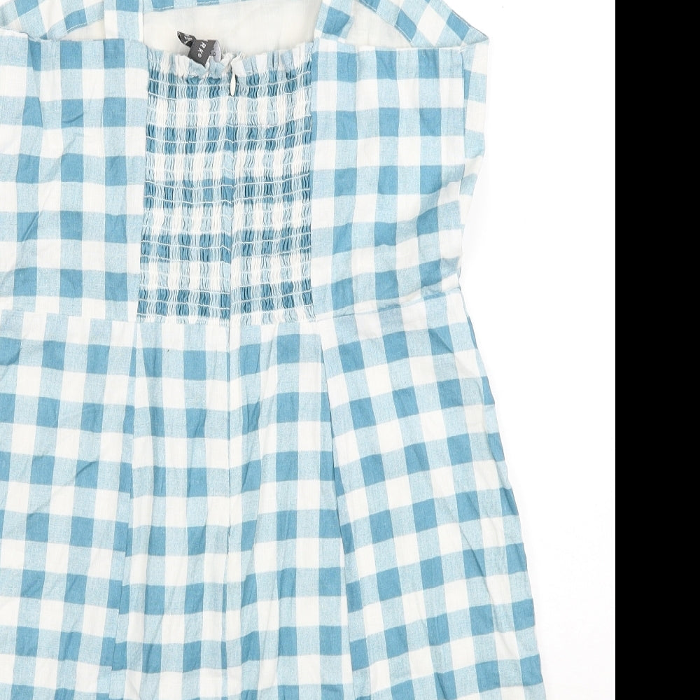 Primark Womens Blue Check Cotton Tank Dress Size 14 Square Neck Zip