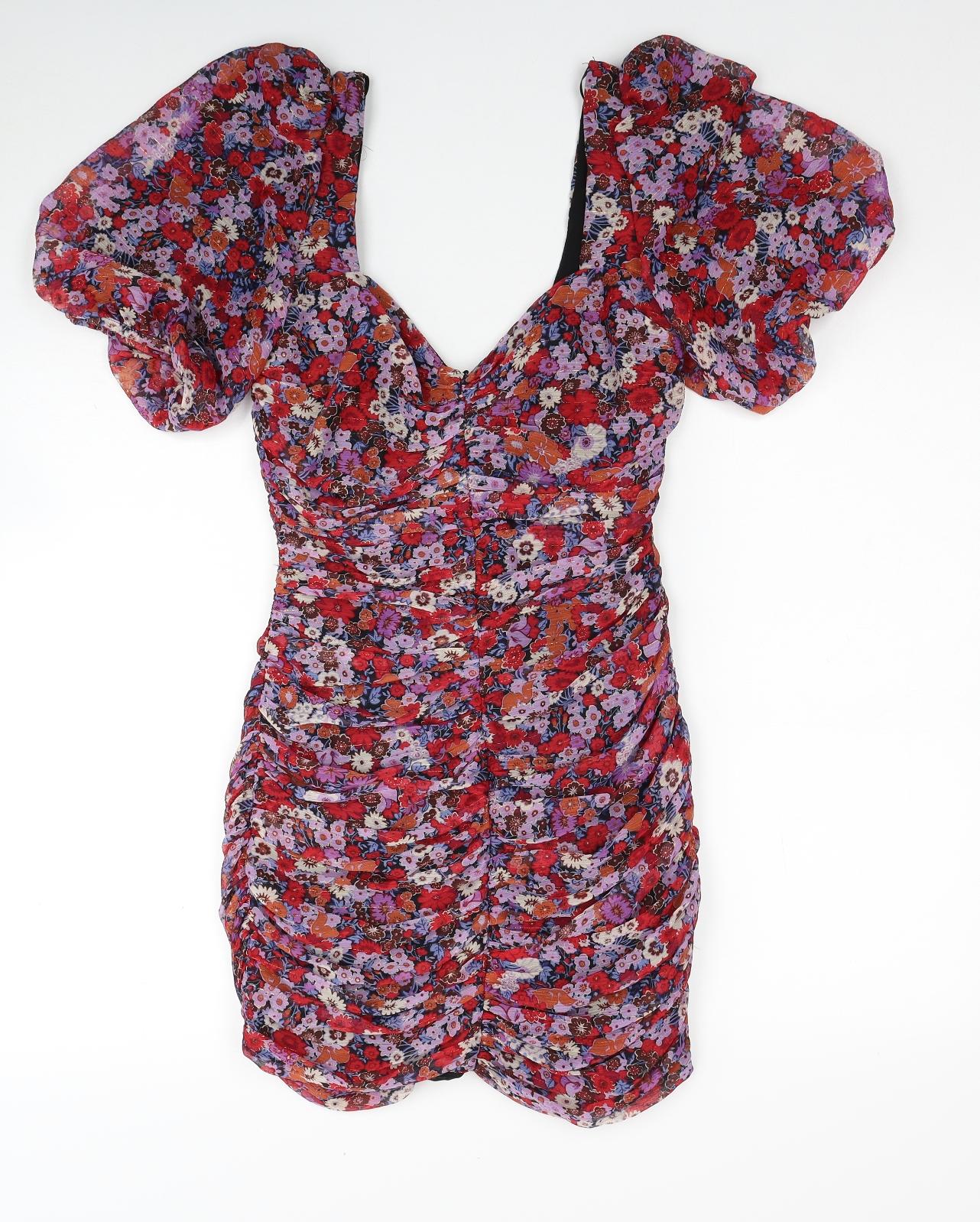 Zara Womens Multicoloured Floral Polyester Mini Size S Scoop Neck Zip