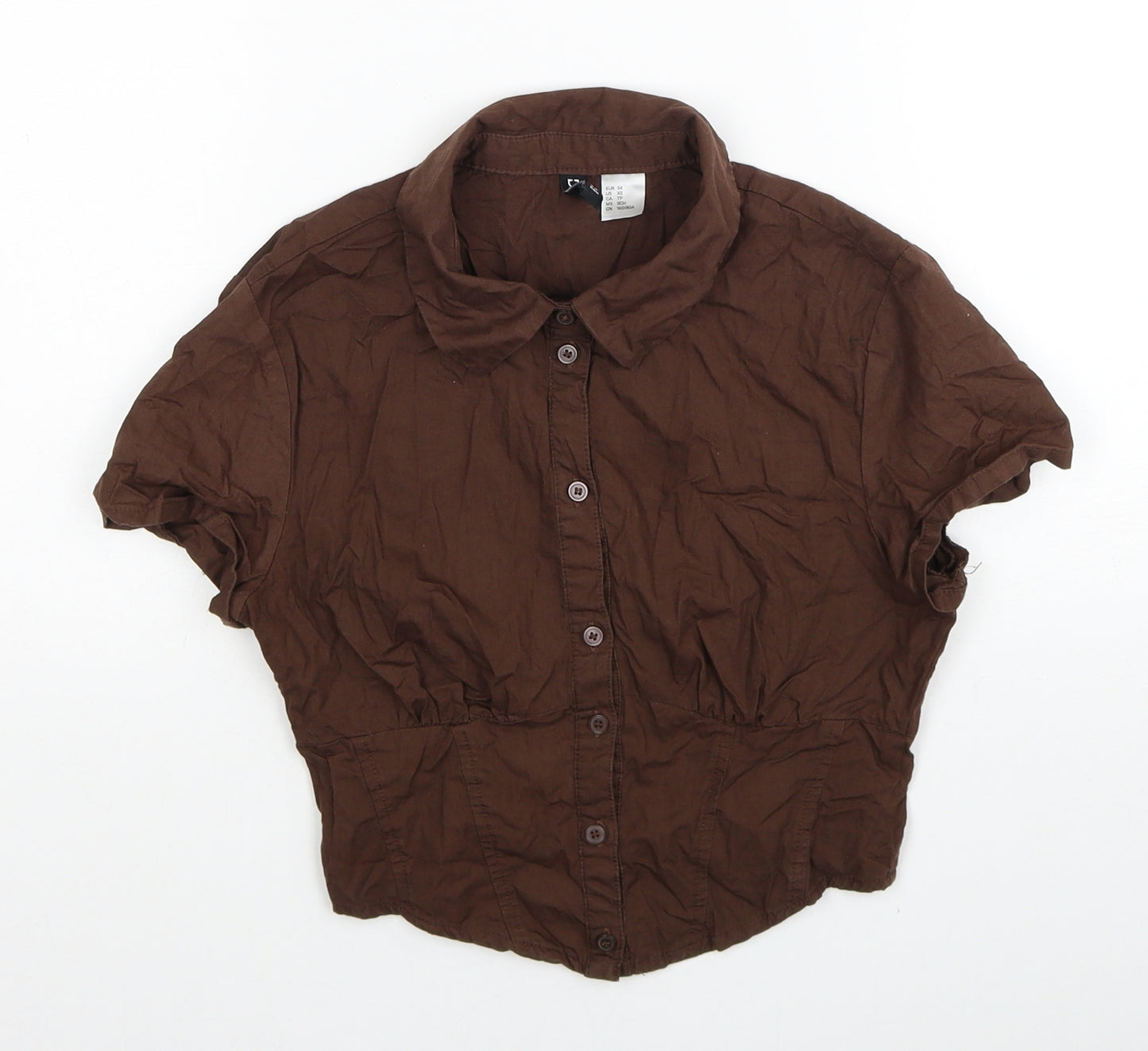 H&M Womens Brown Cotton Basic Button-Up Size 6 Collared - Shirred Back