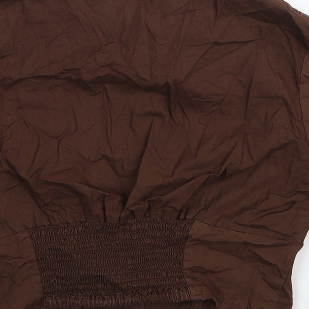H&M Womens Brown Cotton Basic Button-Up Size 6 Collared - Shirred Back