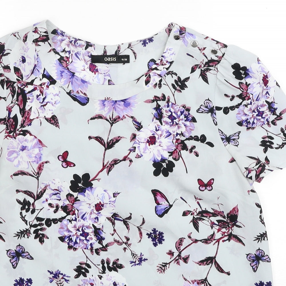 Oasis Womens Blue Floral Polyester Basic T-Shirt Size 10 Round Neck - Butterfly