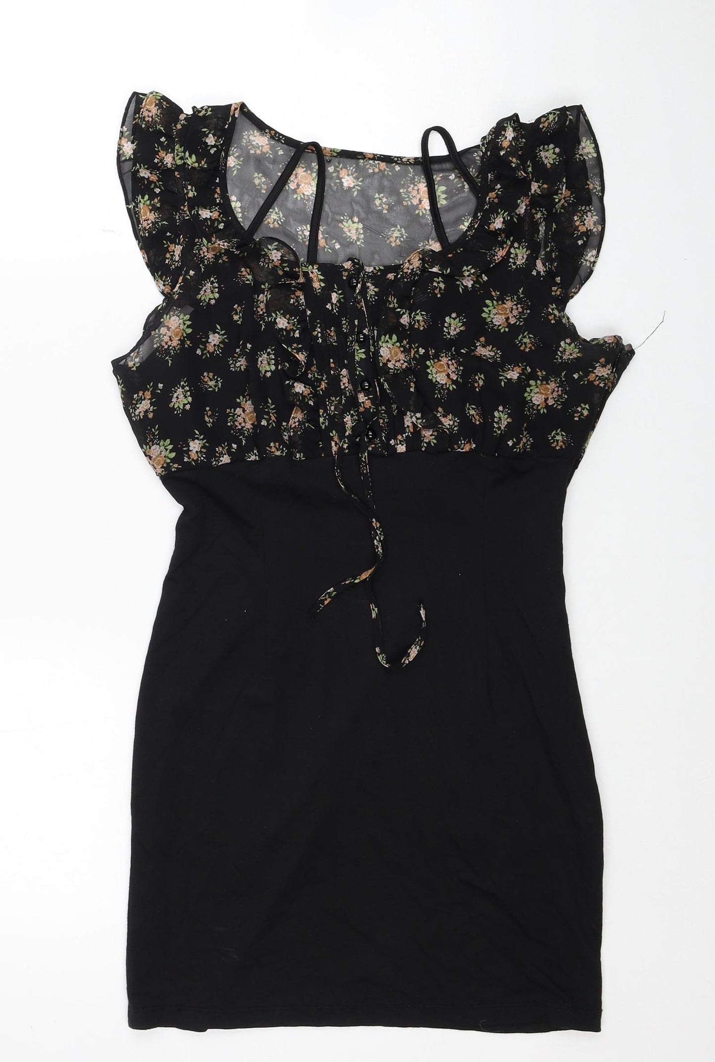 FOREVER 21 Womens Black Floral Polyester Mini Size M Boat Neck Zip