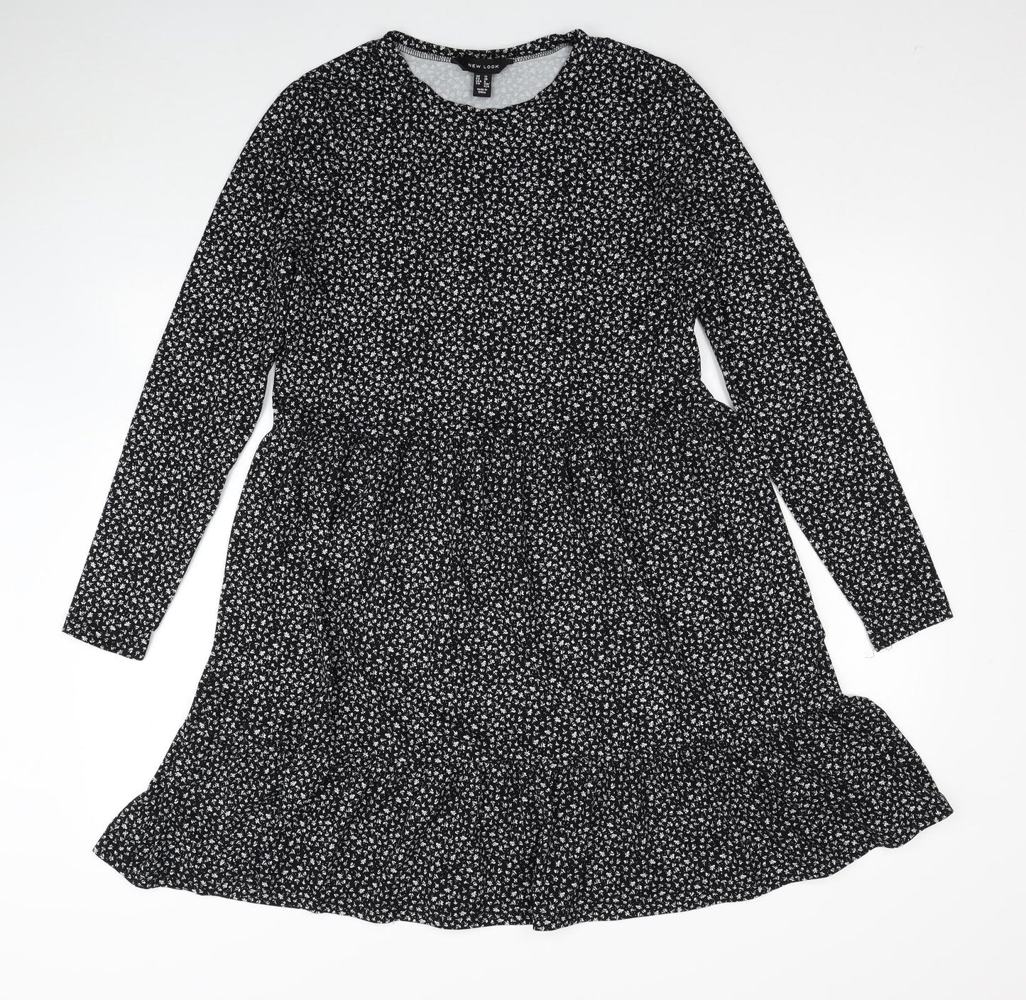 New Look Womens Black Floral Polyester A-Line Size 12 Round Neck Pullover