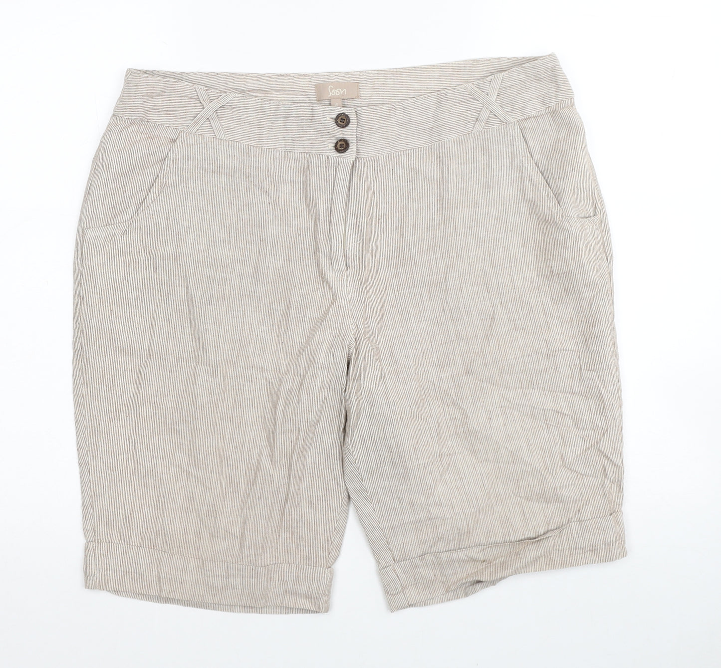 Soon Womens Beige Striped Linen Bermuda Shorts Size 16 Regular Zip