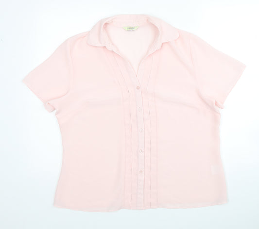 Front view of Classics women’s pink polyester basic button-up, size UK 16, collared
