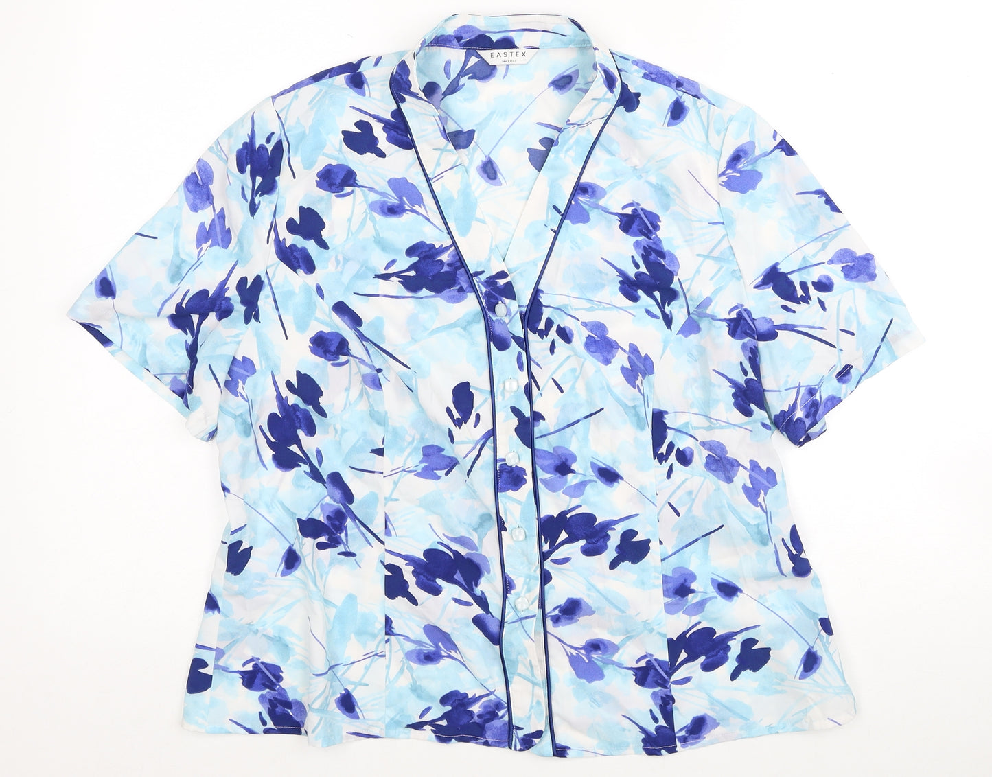 Eastex Womens Blue Floral Polyester Basic Blouse Size 16 V-Neck