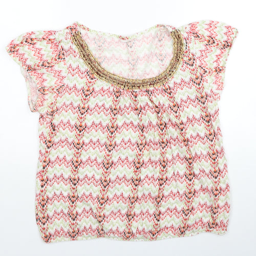 BHS Womens Multicoloured Geometric Cotton Basic T-Shirt Size 14 Scoop Neck - Embellished Neckline