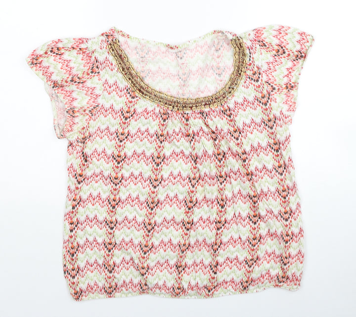 BHS Womens Multicoloured Geometric Cotton Basic T-Shirt Size 14 Scoop Neck - Embellished Neckline