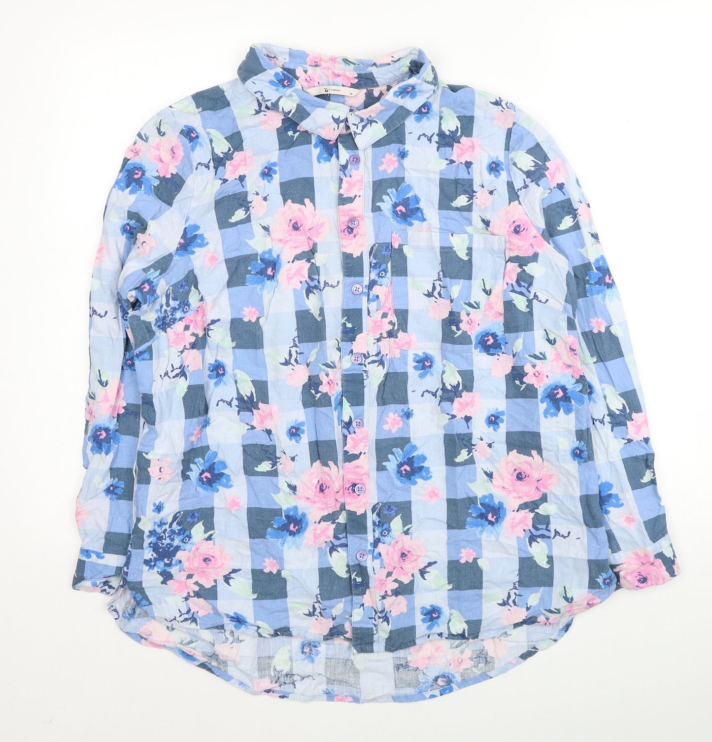 TU Womens Blue Floral Linen Basic Button-Up Size 14 Collared