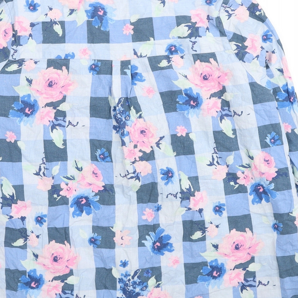 TU Womens Blue Floral Linen Basic Button-Up Size 14 Collared