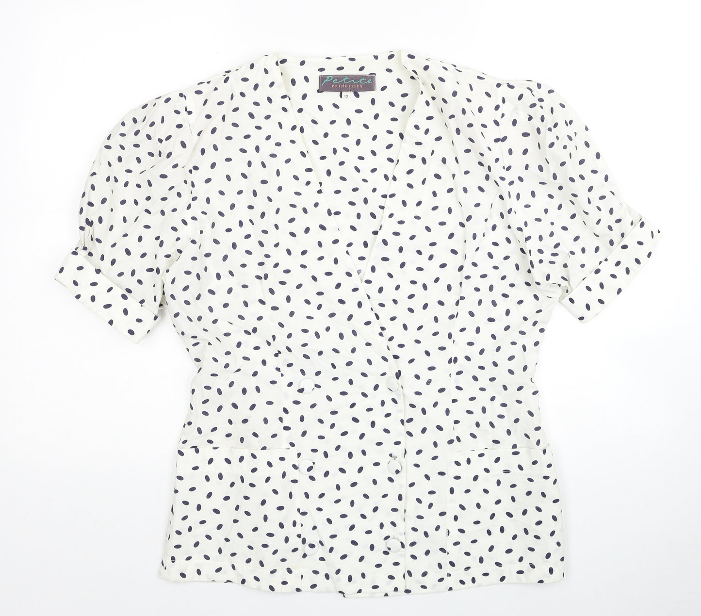 Principles Womens White Geometric Viscose Basic Button-Up Size 12 V-Neck