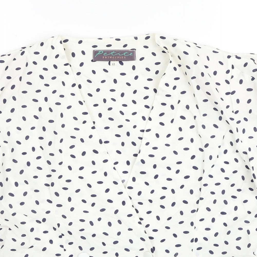 Principles Womens White Geometric Viscose Basic Button-Up Size 12 V-Neck