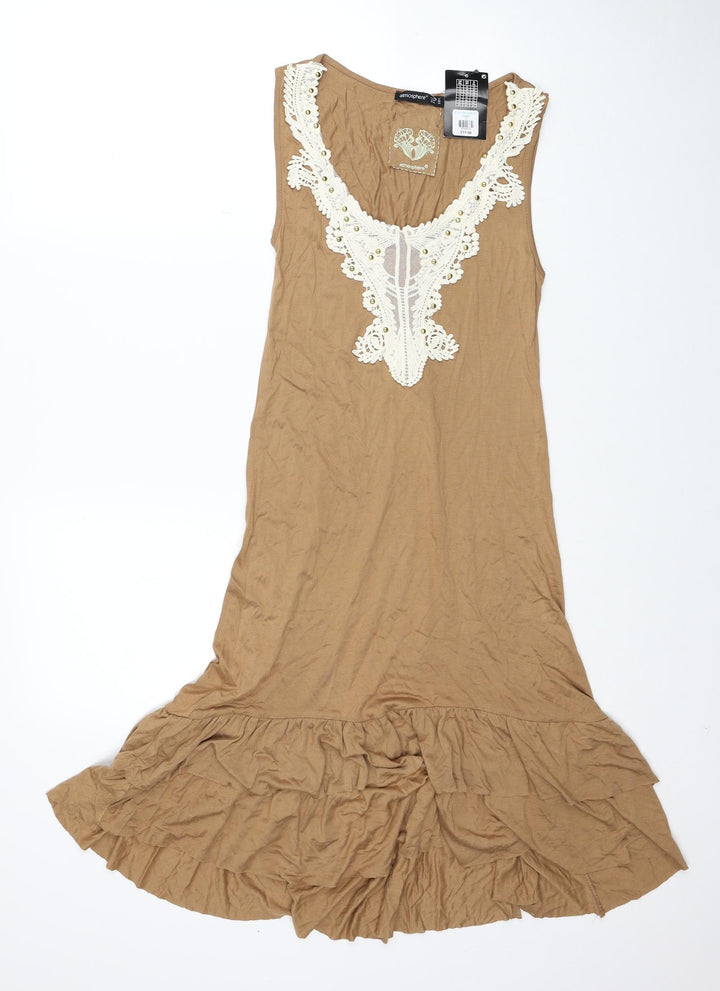 Atmosphere Womens Brown Viscose A-Line Size 12 Scoop Neck Pullover - Lace Detail